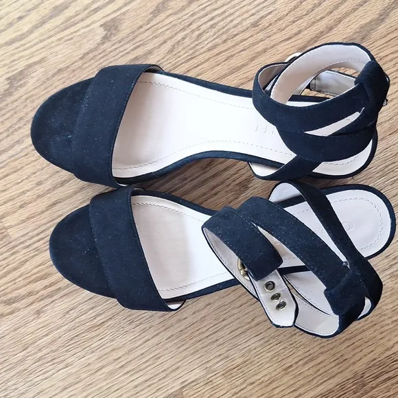 Coach Black Serena Suede Sandals Chunky Heel Ankle Wrap Strap Shoes 8