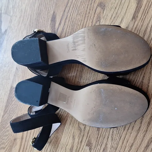 Coach Black Serena Suede Sandals Chunky Heel Ankle Wrap Strap Shoes 8