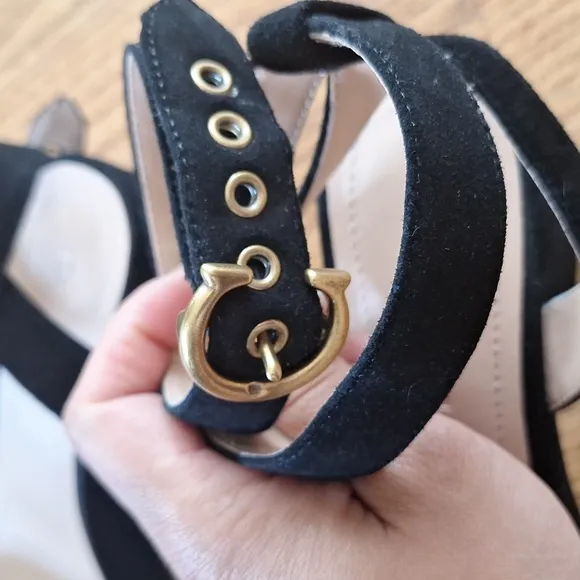 Coach Black Serena Suede Sandals Chunky Heel Ankle Wrap Strap Shoes 8