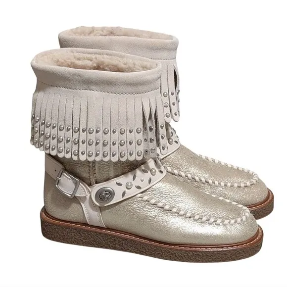 Coach Roccasin Shearling Boot size 6B metallic pearl fringe studded Moccasin