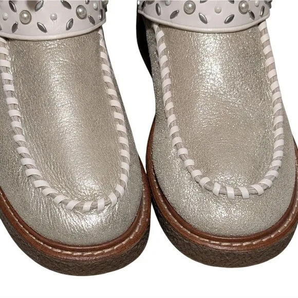 Coach Roccasin Shearling Boot size 6B metallic pearl fringe studded Moccasin
