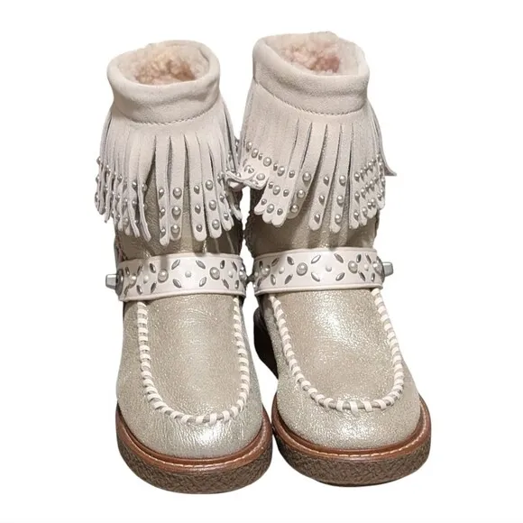 Coach Roccasin Shearling Boot size 6B metallic pearl fringe studded Moccasin