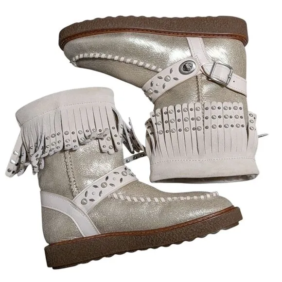 Coach Roccasin Shearling Boot size 6B metallic pearl fringe studded Moccasin