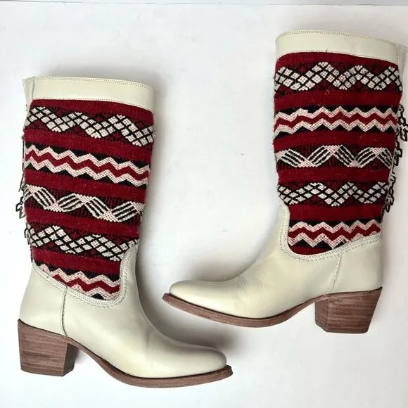 Cobra Society Handmade Alcazar Leather Wool Western Boots Cream Red Sz 36