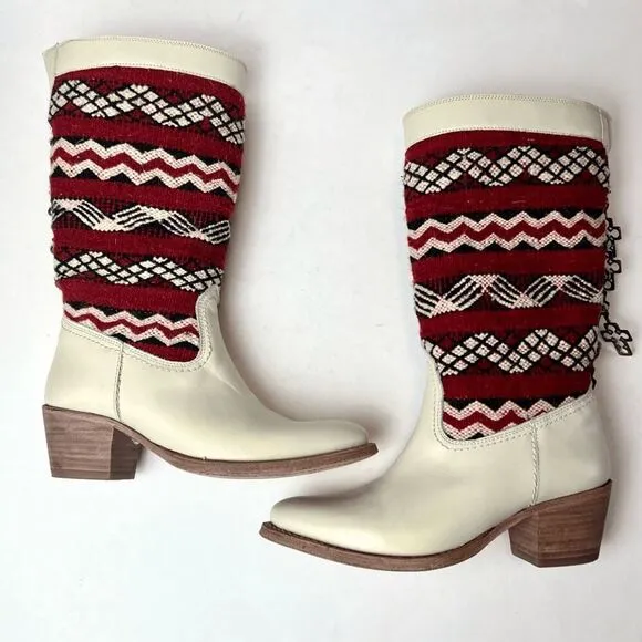 Cobra Society Handmade Alcazar Leather Wool Western Boots Cream Red Sz 36