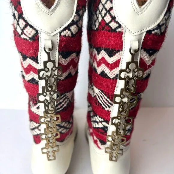 Cobra Society Handmade Alcazar Leather Wool Western Boots Cream Red Sz 36