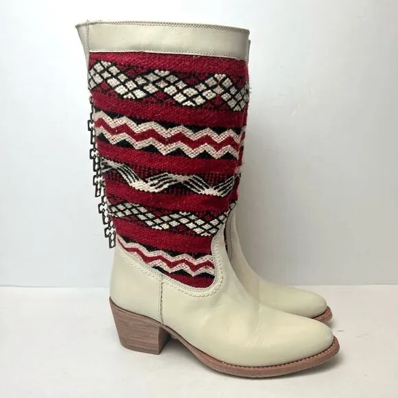 Cobra Society Handmade Alcazar Leather Wool Western Boots Cream Red Sz 36