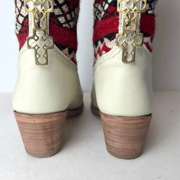 Cobra Society Handmade Alcazar Leather Wool Western Boots Cream Red Sz 36