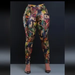 Colorful Camouflage High-Waisted Faux Leather Jeans Sz Sm