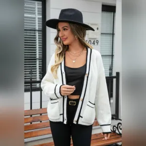 Contrast Color Waffle Knit Button Front Sweater Cardigan with Pockets Versatile