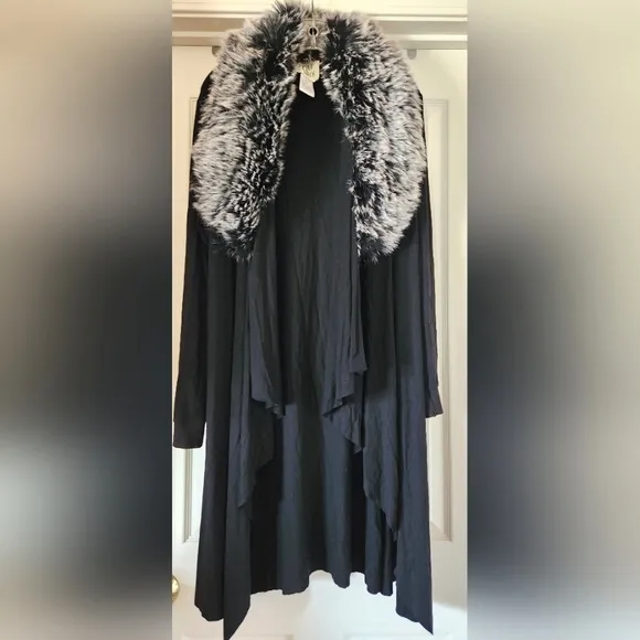 CRIPPLE CREEK Black Knit Jumper Soft Draped Faux Fur Collar Cotton Sweater NWT L