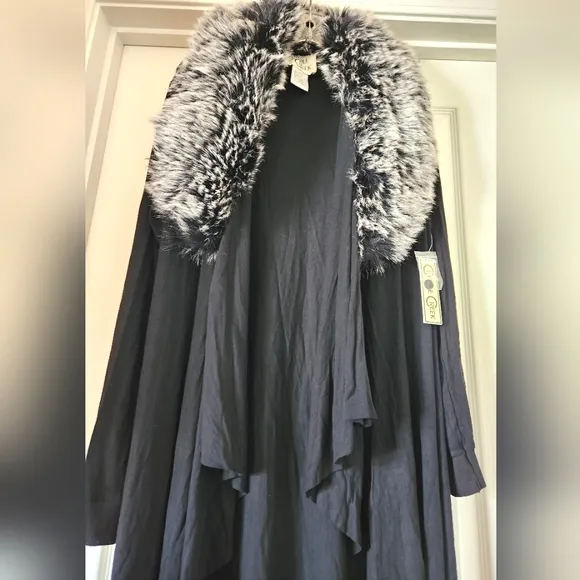 CRIPPLE CREEK Black Knit Jumper Soft Draped Faux Fur Collar Cotton Sweater NWT L