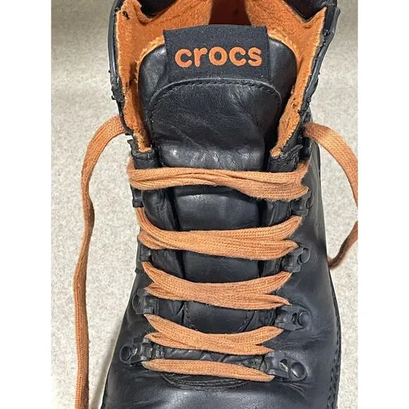 Crocs Lace Up Cobbler Leather Hiking Boots Black Men’s Size 10 Outdoor Adventure