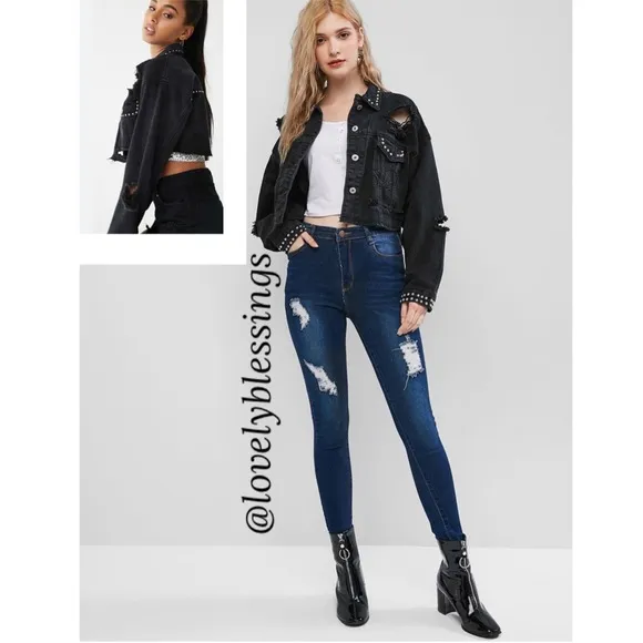 Cropped Black Jean Jacket Denim Distressed Ripped Silver Studded Streetwear Crop