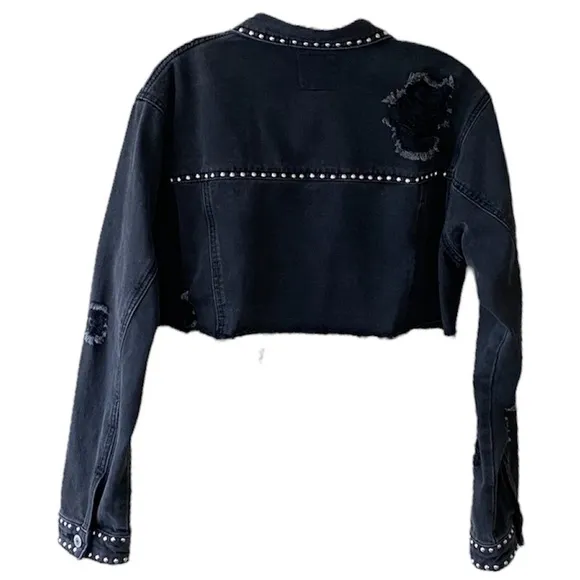 Cropped Black Jean Jacket Denim Distressed Ripped Silver Studded Streetwear Crop