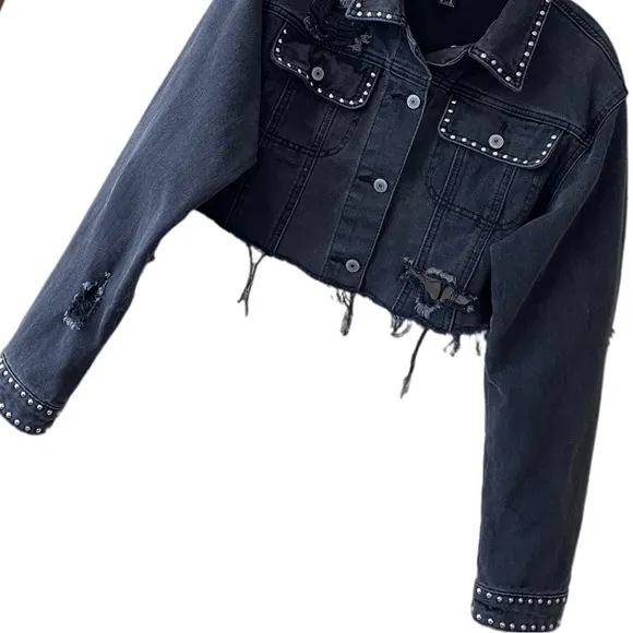 Cropped Black Jean Jacket Denim Distressed Ripped Silver Studded Streetwear Crop