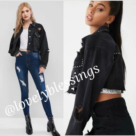 Cropped Black Jean Jacket Denim Distressed Ripped Silver Studded Streetwear Crop