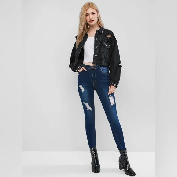 Cropped Black Jean Jacket Denim Distressed Ripped Silver Studded Streetwear Crop