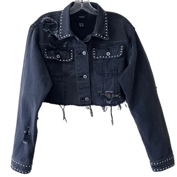 Cropped Black Jean Jacket Denim Distressed Ripped Silver Studded Streetwear Crop