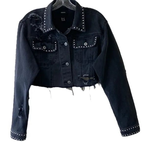 Cropped Black Jean Jacket Denim Distressed Ripped Silver Studded Streetwear Crop