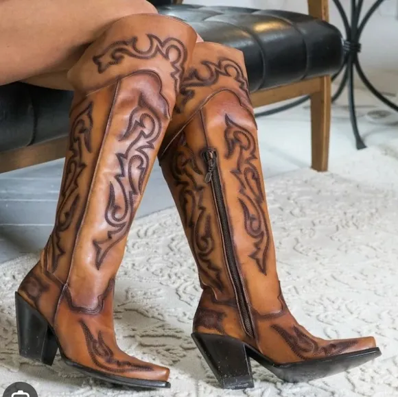 DAN POST &quot;Seductress&quot; tall top tooled chestnut leather cowgirl boots sz7 NWT/NIB