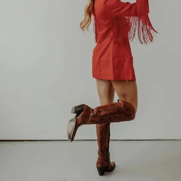 DAN POST &quot;Seductress&quot; tall top tooled chestnut leather cowgirl boots sz7 NWT/NIB