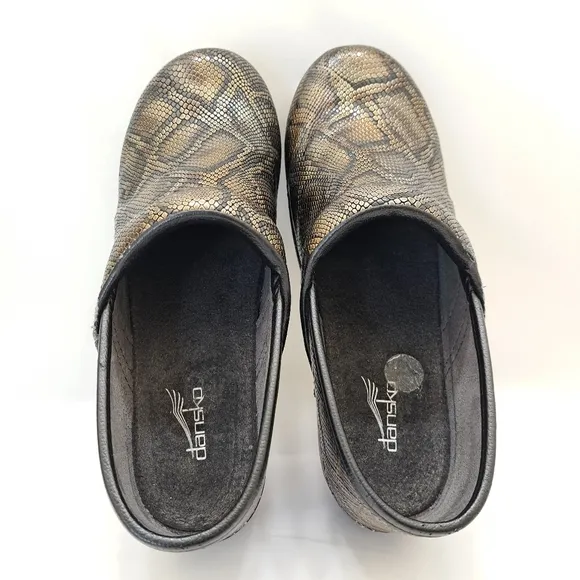 Dansko Women's Snakeskin Print Brown/Gold Embossed Leather Clog Shoes Si…‎