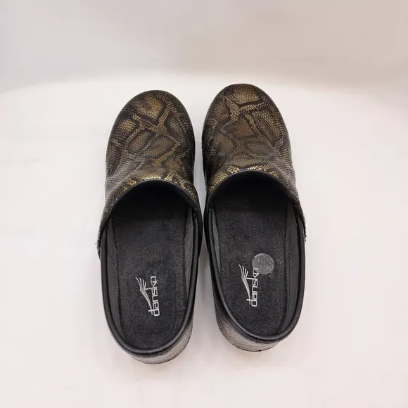 Dansko Women's Snakeskin Print Brown/Gold Embossed Leather Clog Shoes Si…‎