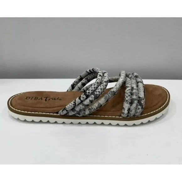 Diba True Cedar Cove Sz 8 Gray Leather Strappy Slide Sandals Snake Print New