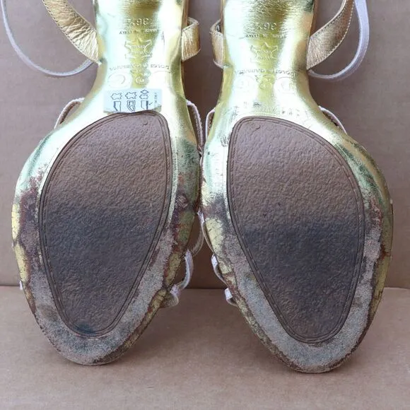 Dolce Gabbana Ankle Strap Heel Sandals Women's Size 6.5 Metallic Gold/Cream