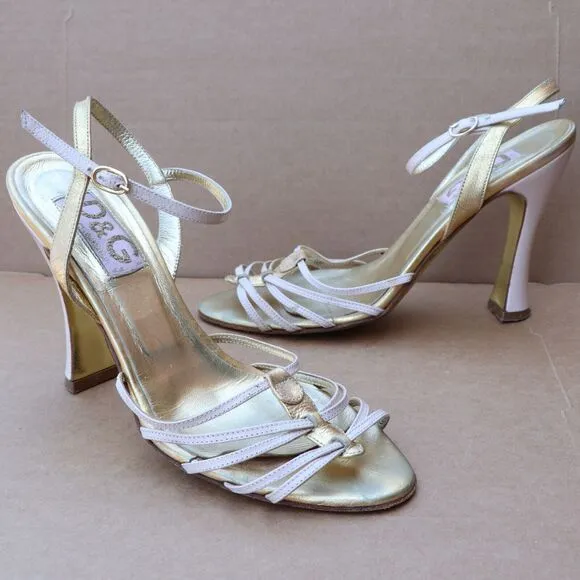 Dolce Gabbana Ankle Strap Heel Sandals Women's Size 6.5 Metallic Gold/Cream