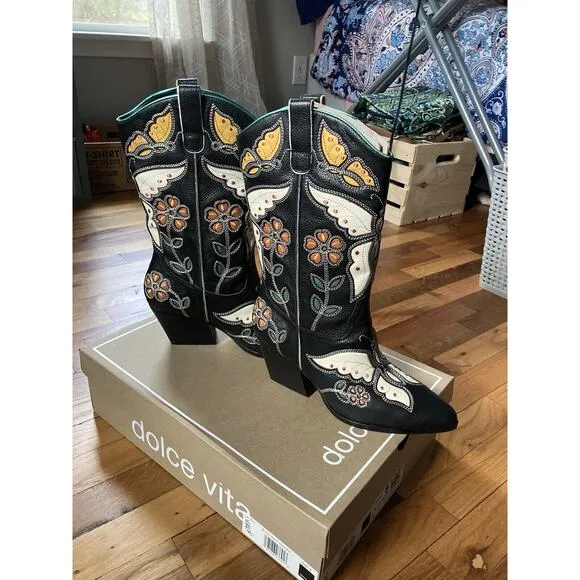 Dolce Vita Women’s Lelou Leather Floral Cowboy Boots Size 8 MSRP $295 Brand New