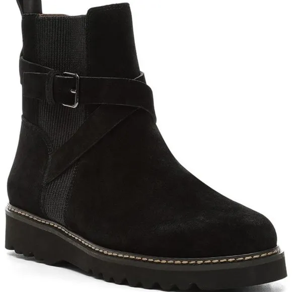 Donald Pliner Captain Boots Suede Buckled Lug Sole Booties Black Size 8 NEW