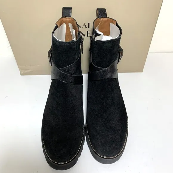 Donald Pliner Captain Boots Suede Buckled Lug Sole Booties Black Size 8 NEW