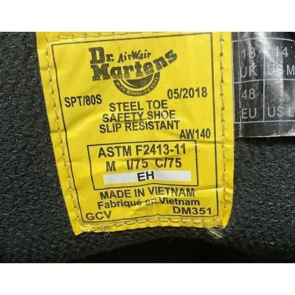 Dr. Doc Martens Steel Toe Safety Shoes Black ASTM F2413-11 Mens 14 Leather Boots