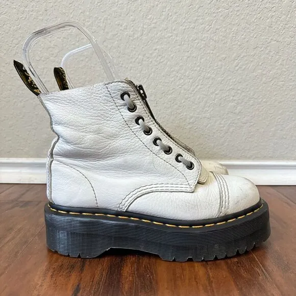 DR. MARTENS Sinclair Platform Moto Combat Boots White Leather Zip Up