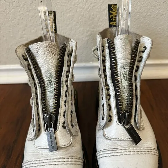 DR. MARTENS Sinclair Platform Moto Combat Boots White Leather Zip Up