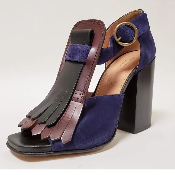 DRIES VAN NOTEN SHOES KILTIE SUEDE LEATHER FRINGE STACKED HEEL SANDALS