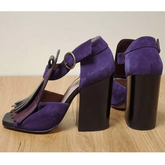 DRIES VAN NOTEN SHOES KILTIE SUEDE LEATHER FRINGE STACKED HEEL SANDALS