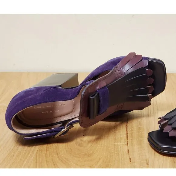 DRIES VAN NOTEN SHOES KILTIE SUEDE LEATHER FRINGE STACKED HEEL SANDALS