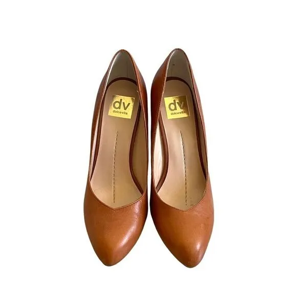 DV DOLCE VITA Leather High Heels Pumps Shoes Almond Toe Cognac Brown 9.5