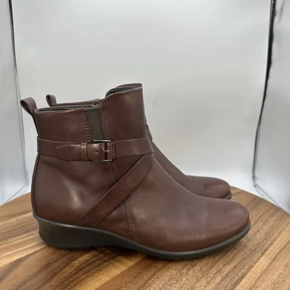 Ecco Abelone Cross Buckle Boots Brown Leather Ankle Comfort Women's 39 US 8-8.5