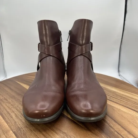 Ecco Abelone Cross Buckle Boots Brown Leather Ankle Comfort Women's 39 US 8-8.5