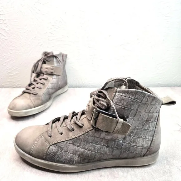 Ecco High Top Sneakers Gray Leather Croc Embossed Casual Lace Up Sporty Shoes