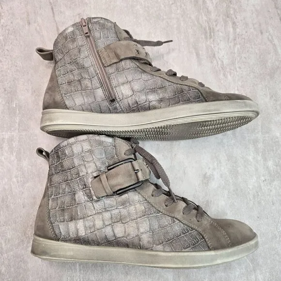 Ecco High Top Sneakers Gray Leather Croc Embossed Casual Lace Up Sporty Shoes