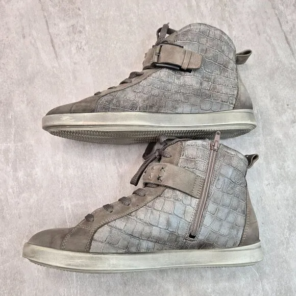 Ecco High Top Sneakers Gray Leather Croc Embossed Casual Lace Up Sporty Shoes