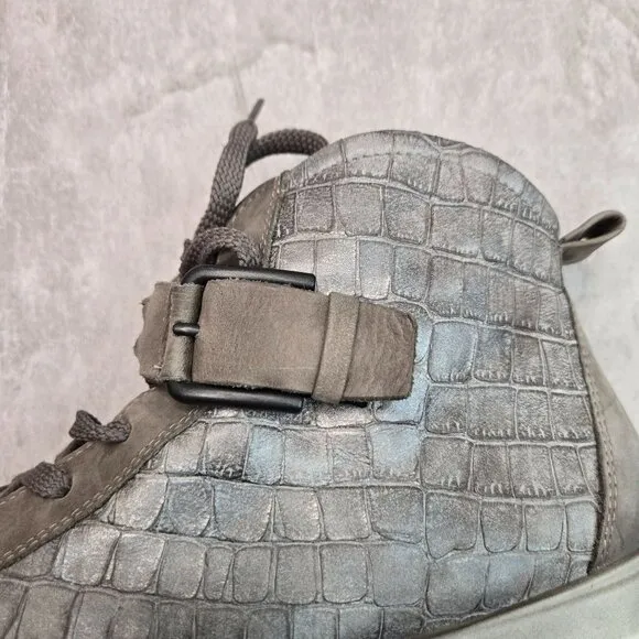 Ecco High Top Sneakers Gray Leather Croc Embossed Casual Lace Up Sporty Shoes