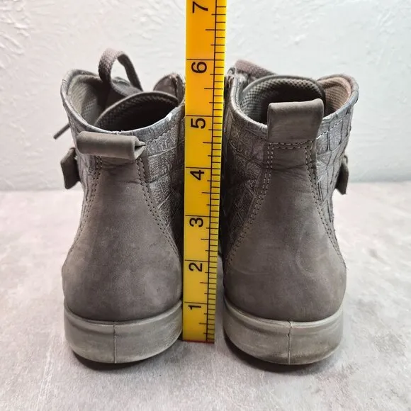 Ecco High Top Sneakers Gray Leather Croc Embossed Casual Lace Up Sporty Shoes