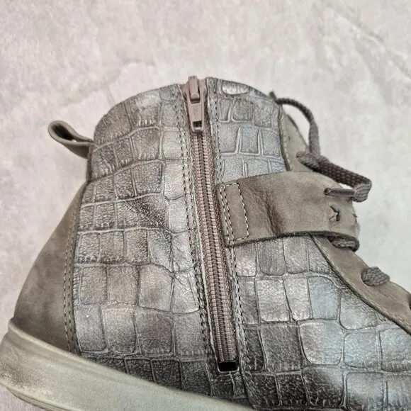 Ecco High Top Sneakers Gray Leather Croc Embossed Casual Lace Up Sporty Shoes