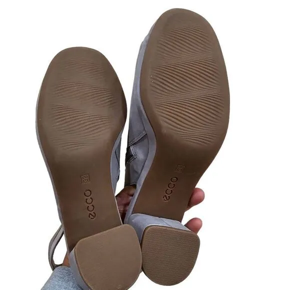 Ecco Sandals Shoes Women's Grey Size 38 Peep Toe Block Mid Heel Back Zipper